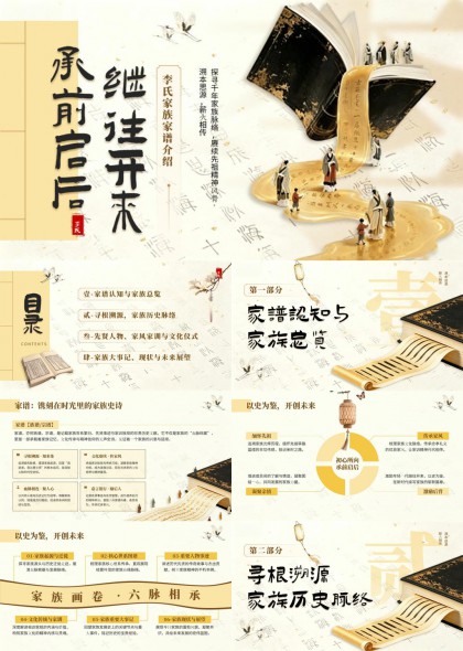中国风古籍手绘插画家族史传承与家训文化PPT模板