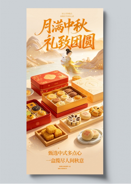 中秋礼致团圆中式糕点礼盒插画国风节日宣传海报