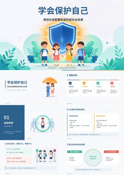 卡通插画学会保护自己儿童安全教育PPT模板