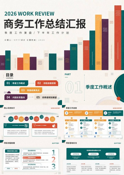 （复古撞色）工作总结汇报季度复盘计划PPT模板