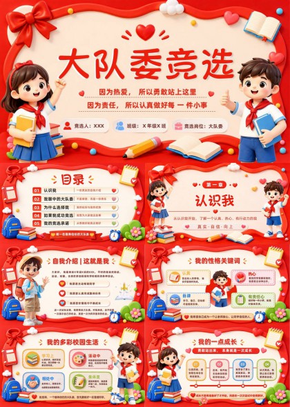 卡通可爱风大队委竞选PPT模板