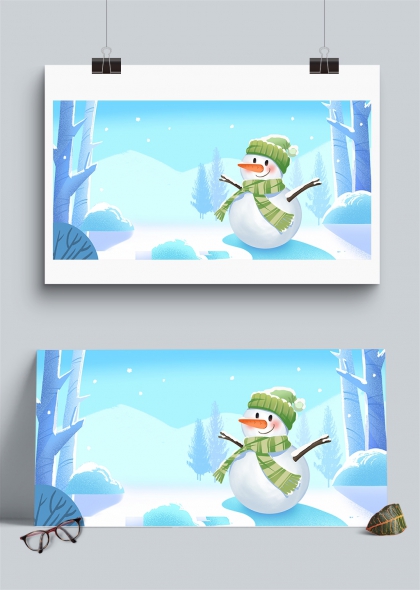 清新治愈系手绘冬日雪人插画海报展板背景