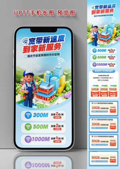 蓝色3D卡通电信工人国庆宽带促销手机长图海报