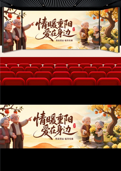 温馨3D老人菊花柿子树情暖重阳敬老晚会舞台背景