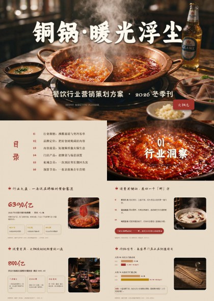 2026餐饮行业冬季铜锅暖光浮尘营销策划方案PPT模板